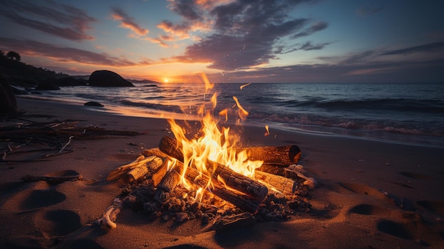 Fire and burning campfire on beach at sunsetgenerative ai