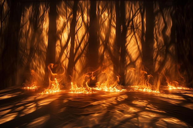 a fire burning in the dark with the shadows of trees