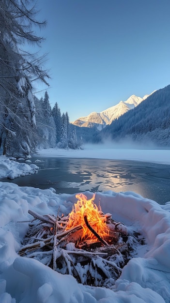 Fire burning on frozen lake in the mountains at night