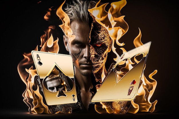 A fire burning playing cards with a face and a face with the words ace on it.