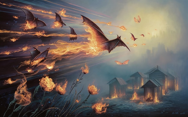 a fire burning with birds flying around it and a burning house in the background