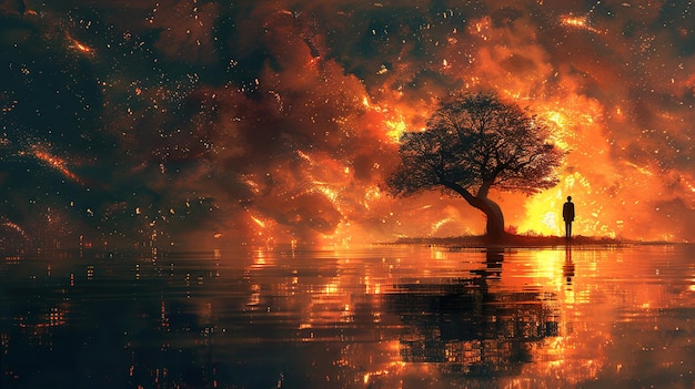 a fire burning with a tree on the water