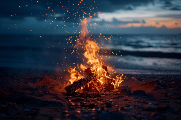 a fire burns on a beach with a fire in the background