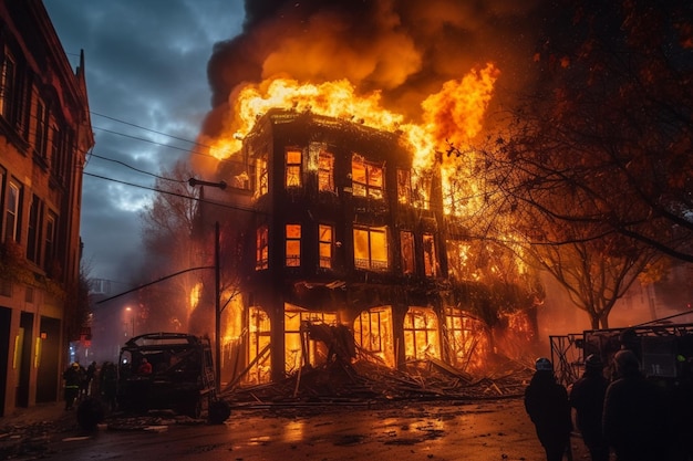 A fire burns in a building that says'fire'on it