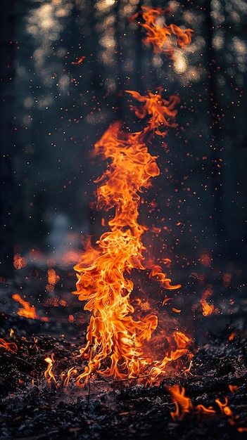 a fire burns in a dark forest