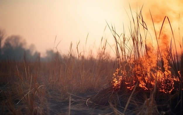 A fire burns in a field with the sun setting behind it.