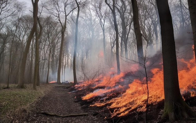 A fire burns in a forest with a dark background.