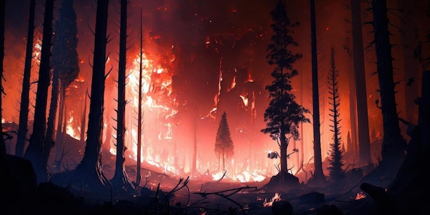 A fire burns in a forest with a tree in the foreground and a fire in the background.