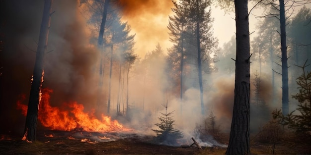 A fire burns in a forest with a tree in the foreground.