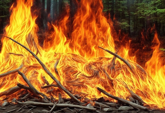 A fire burns in the forest with the word fire on the bottom.