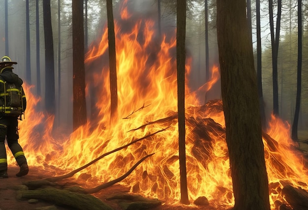 A fire burns in a forest with the word fire on the bottom.