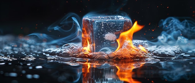 a fire burns in front of a glass of ice