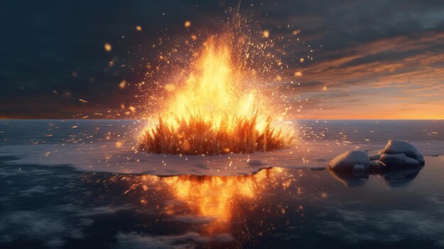 A fire burns on a frozen lake in the evening.