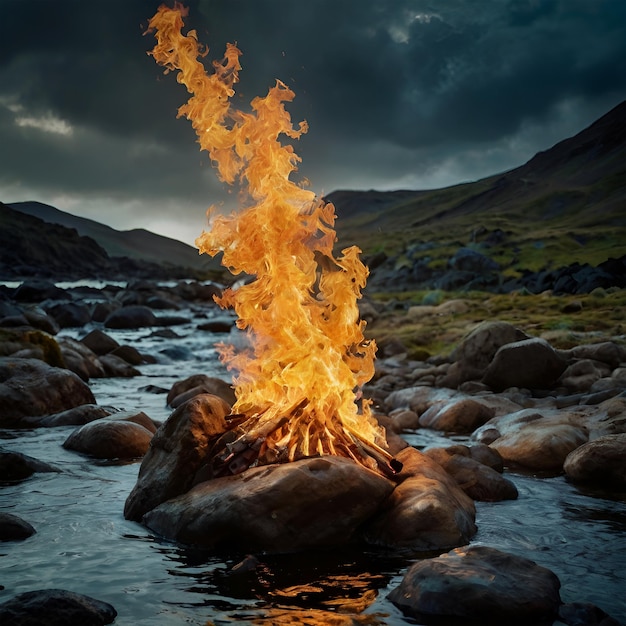 a fire burns in a river with mountains in the background