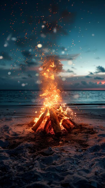 a fire burns in the sand at the beach