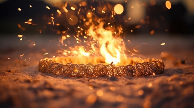 A fire burns on the sand at night