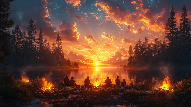 Photo a fire burns in the sky above a lake