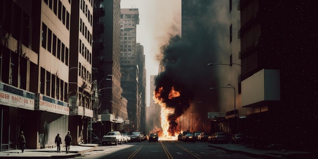 A fire burns in a street in the city of chicago.