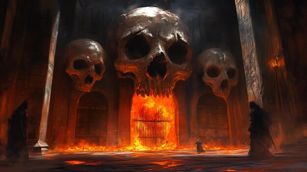 Photo a fire burns in a temple with a skull in the middle