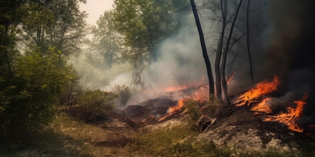 A fire burns in the woods with smoke coming out of it.