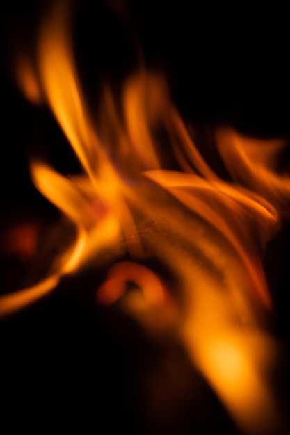 Fire closeup and red orange yellow color detail texture and abstract shape on black background