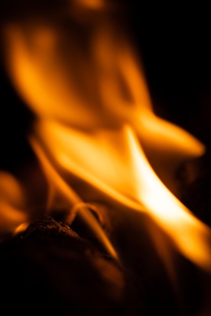 Fire closeup and red orange yellow color detail texture and abstract shape on black background