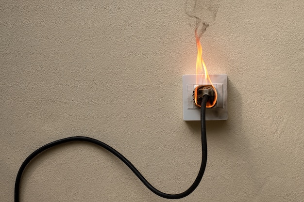 On fire electric wire plug Receptacle on the concrete wall exposed concrete background with copy space