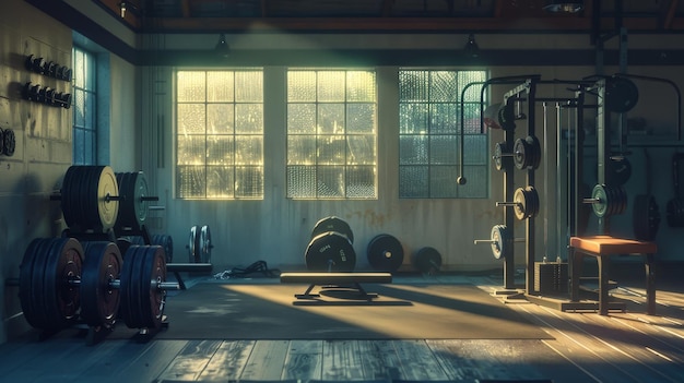 Photo a fire engine is in a garage with a ladder on the floor