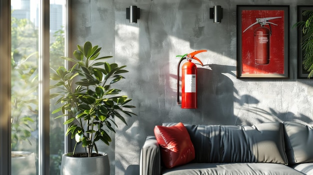 Photo fire extinguisher in vivid red color located on the wall of a modern home interior