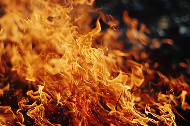 Fire flames on a black background Fire in the night Closeup