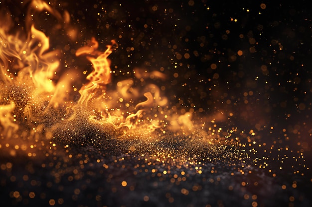 Fire flames on black background Glittering particles