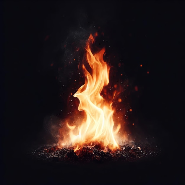 fire flames with glowing particles isolated on black background