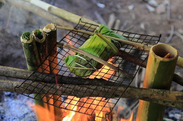 Fire the food in the forest during hiking.