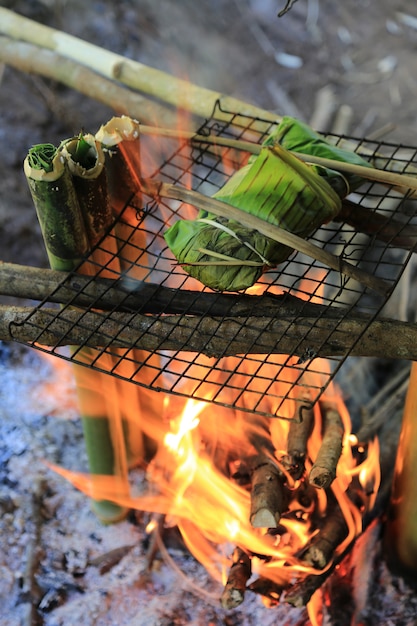 Fire the food in the forest during hiking.