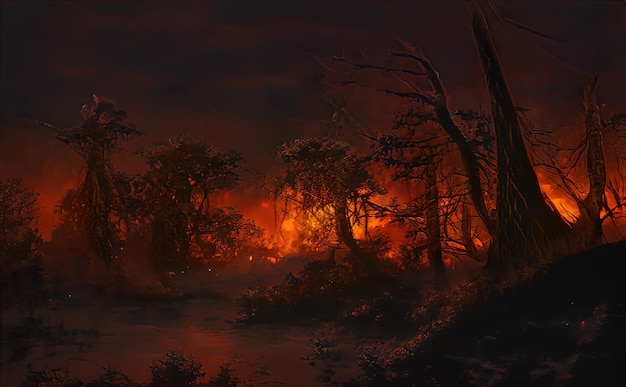 Fire in forest Burning trees a natural disaster Uncontrolled burning of vegetation and spontaneous spread of fire over the forest area Forest fire illustration