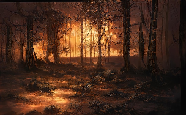 Fire in forest Burning trees a natural disaster Uncontrolled burning of vegetation and spontaneous spread of fire over the forest area Forest fire illustration