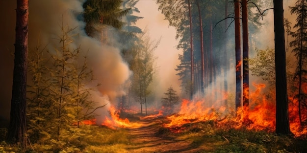 A fire in the forest is burning in the background.