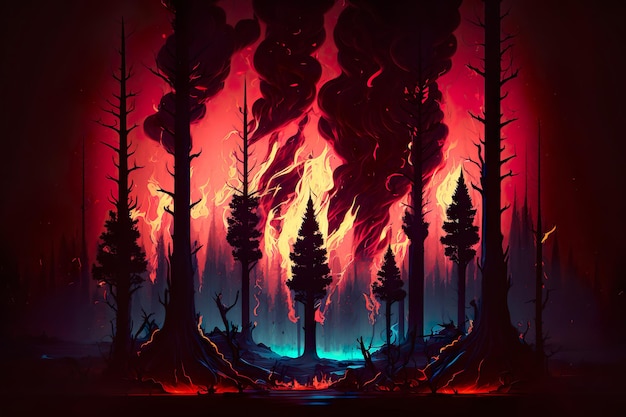 A fire in the forest is burning and the word fire is on the bottom right.