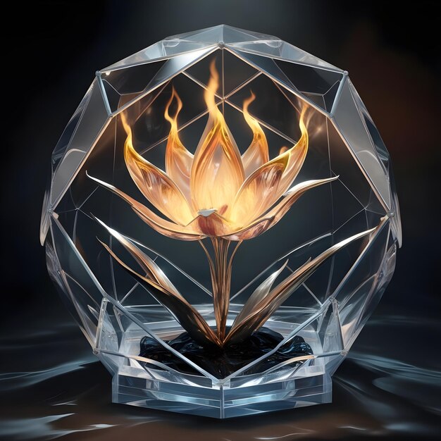 a fire in a glass sculpture with flames inside