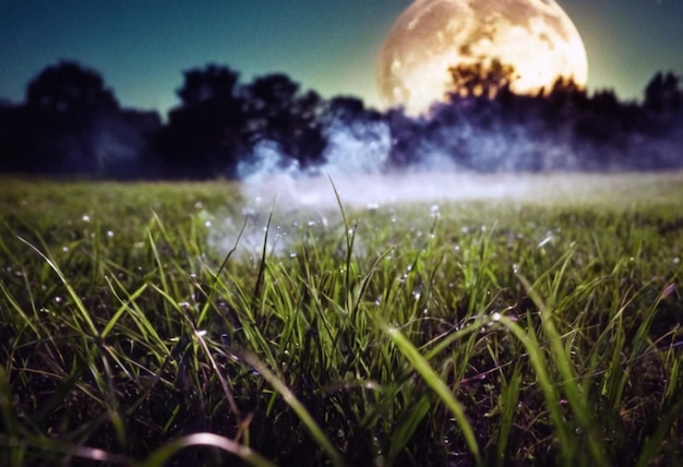 a fire in the grass with a full moon in the background