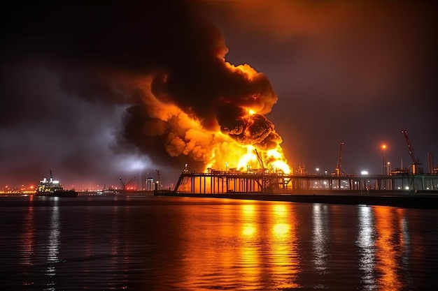 Fire has erupted at an oil storage facility in a port causing significant damage and a potential threat of explosion due to the flammable nature of the contents Generative AI