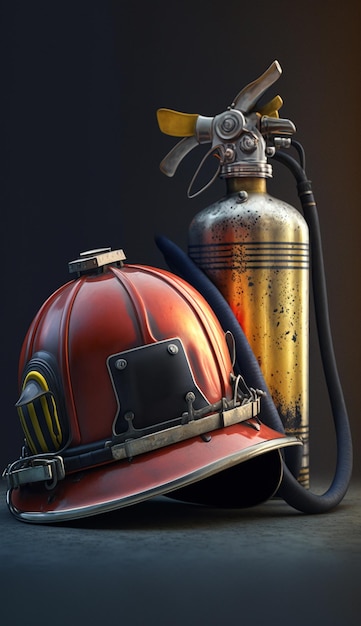 A fire helmet and a fire extinguisher are on a table.