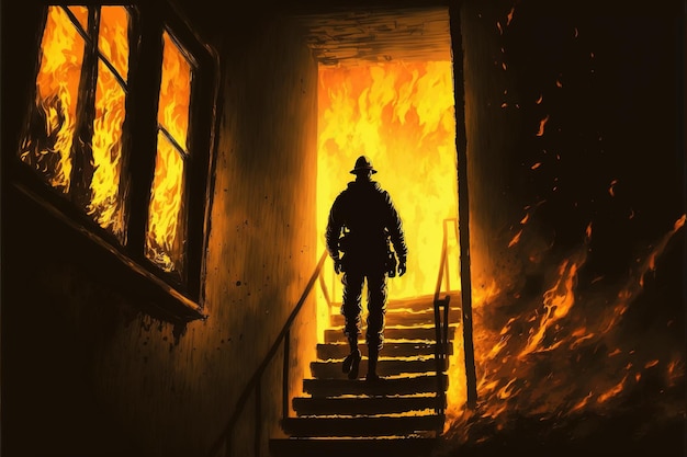 Fire human walking down the stairs in an abandoned house A man stands on an ancient staircase against the background of a burning destroyed mysterious house Digital art style illustration painting