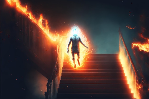 Fire human walking down the stairs in an abandoned house A man stands on an ancient staircase against the background of a burning destroyed mysterious house Digital art style illustration painting