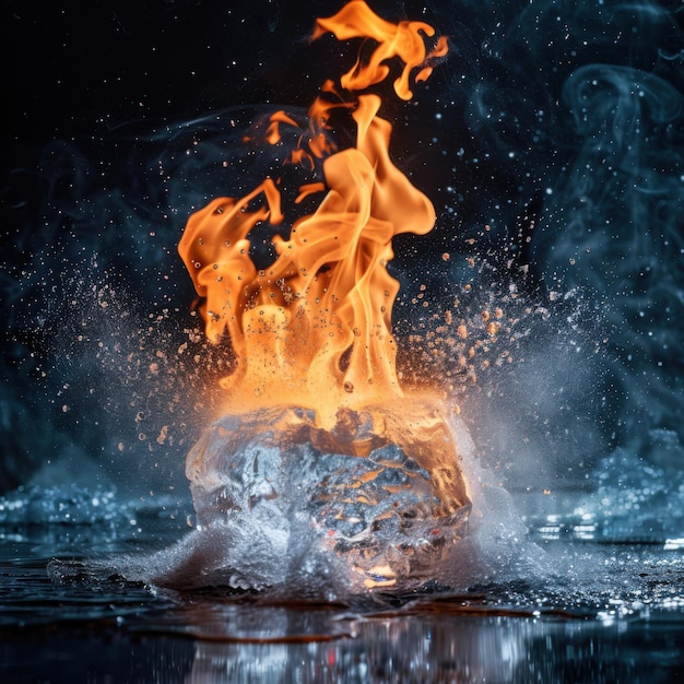 Photo fire and ice collision steam explosion with frozen particles canon eos1d x mark iii with 35mm f14 lens multiflash setup dark studio backdrop ar 11 job id db1ba8b128e1451a99018e7ce367a668