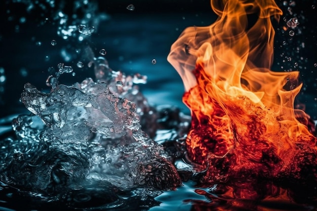 A fire and ice cubes are in the water.