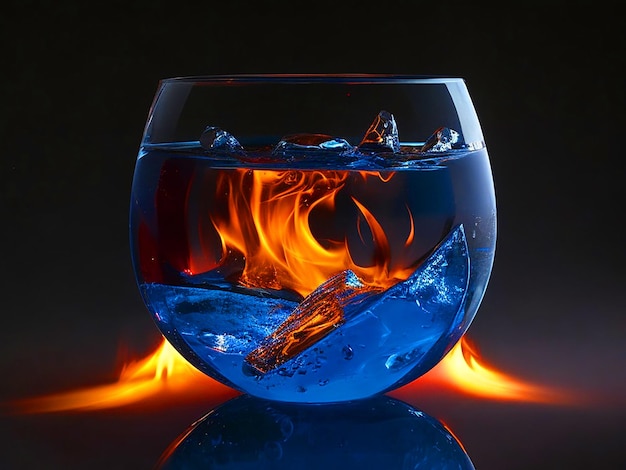 Fire And Ice Cubes In The giant round Glass Stock Photo