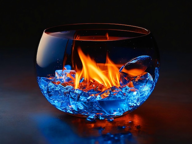 Fire And Ice Cubes In The giant round Glass Stock Photo