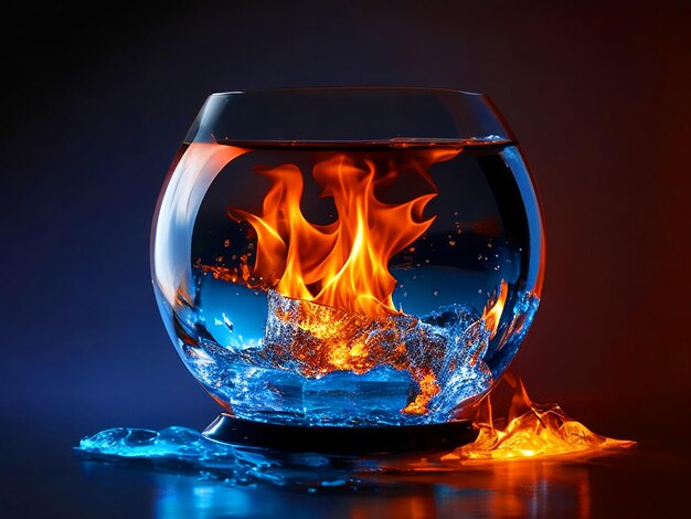 Fire And Ice Cubes In The giant round Glass Stock Photo