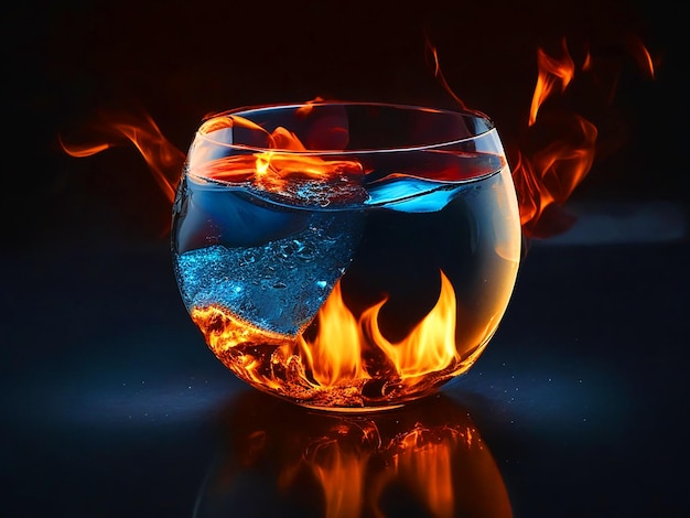 Fire And Ice Cubes In The giant round Glass Stock Photo